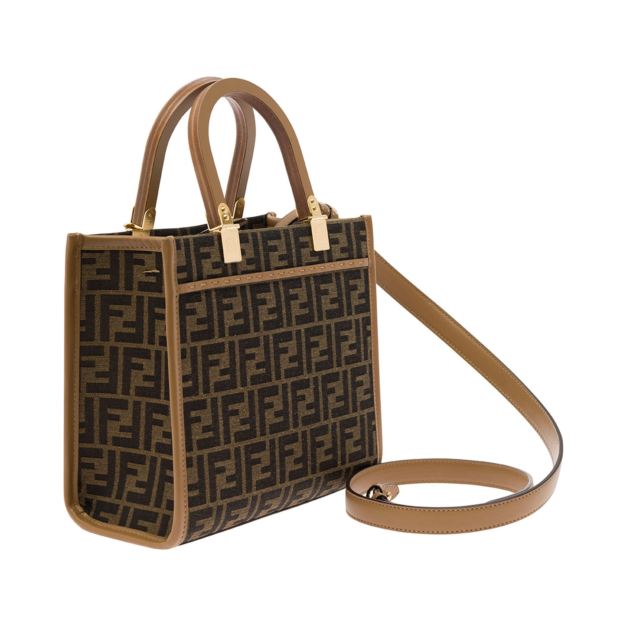 Sunshine Small Brown Tote Bag with Logo in FF Jacquard Canvas and Leather Woman
