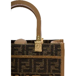 Sunshine Small Brown Tote Bag with Logo in FF Jacquard Canvas and Leather Woman