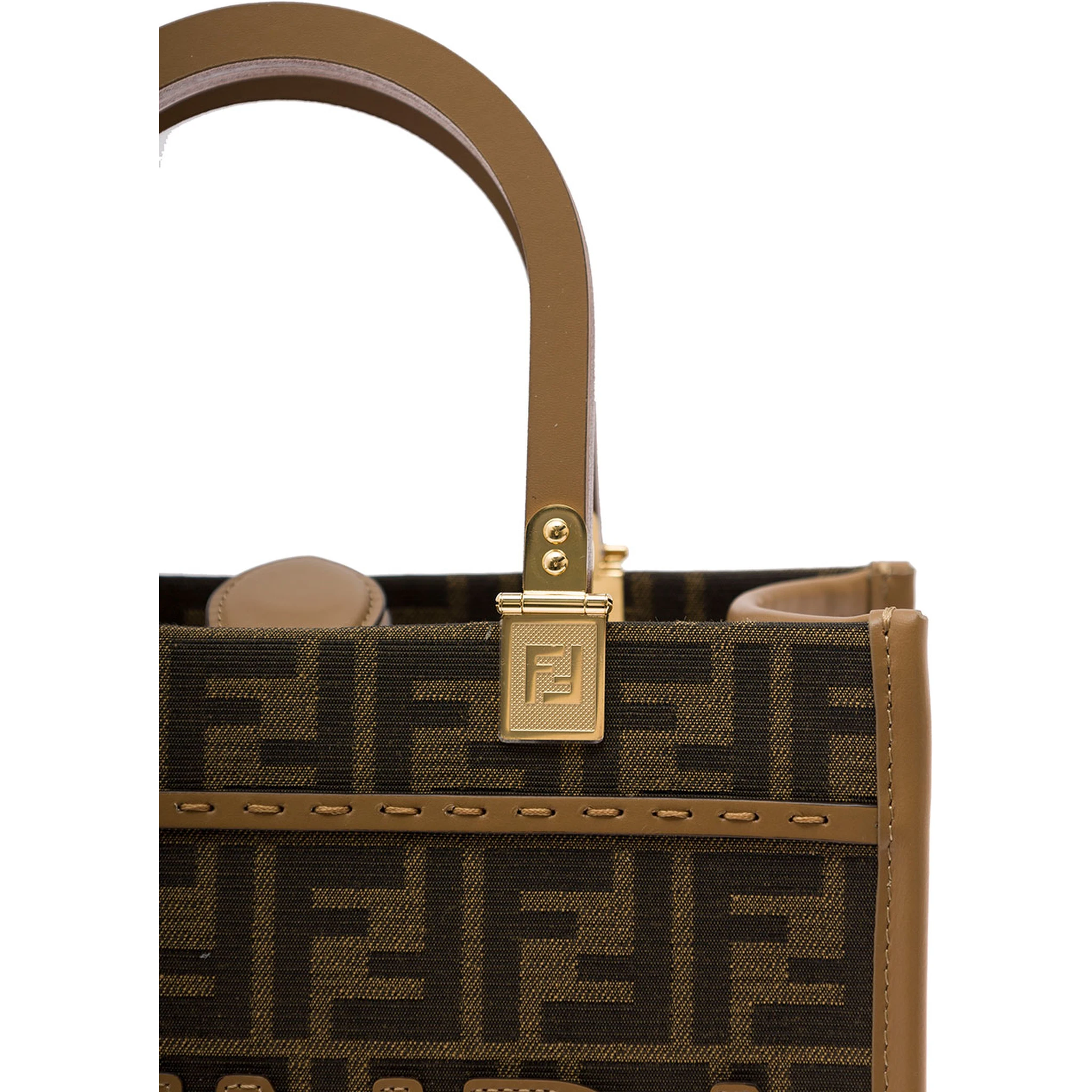 Sunshine Small Brown Tote Bag with Logo in FF Jacquard Canvas and Leather Woman