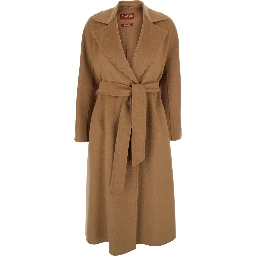 Cles Beige Coat with Notched Collar and Front Adjustable Belt Closure in Wool and Cashmere Blend Woman