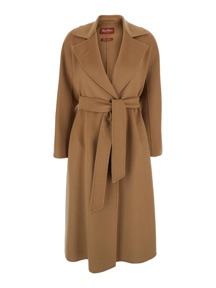 Cles Beige Coat with Notched Collar and Front Adjustable Belt Closure in Wool and Cashmere Blend Woman
