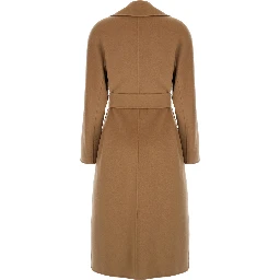 Cles Beige Coat with Notched Collar and Front Adjustable Belt Closure in Wool and Cashmere Blend Woman