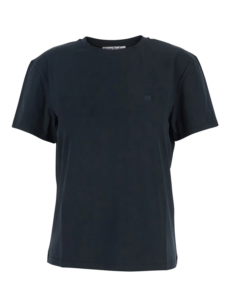 Black Crewneck T-Shirt with Tonal Logo Patch on the Front in Cotton Woman