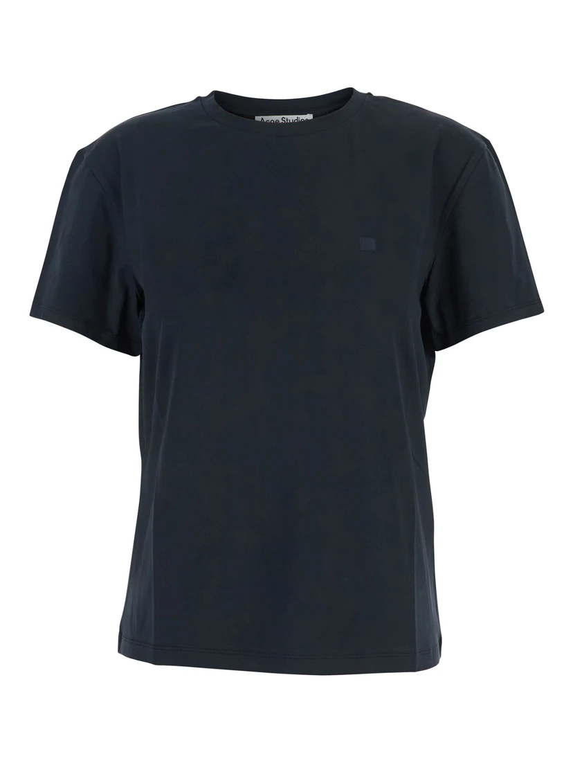 Black Crewneck T-Shirt with Tonal Logo Patch on the Front in Cotton Woman