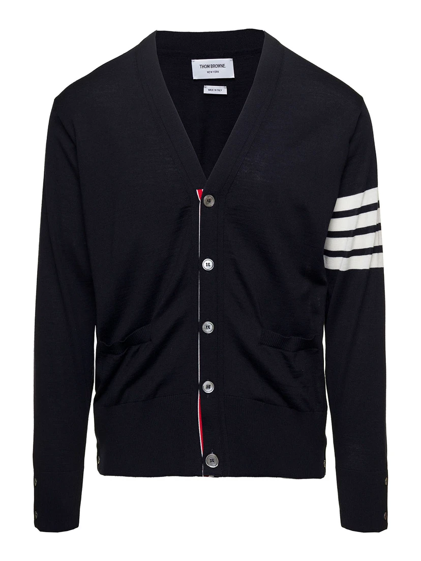 Blue V-Neck Cardigan with Stripe Detail in Wool Man
