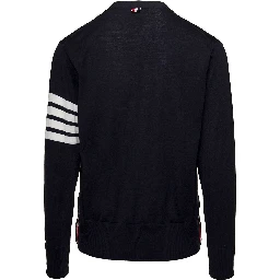 Blue V-Neck Cardigan with Stripe Detail in Wool Man