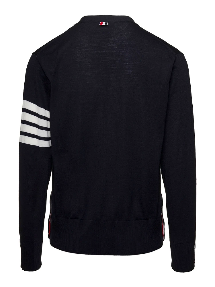 Blue V-Neck Cardigan with Stripe Detail in Wool Man alternative