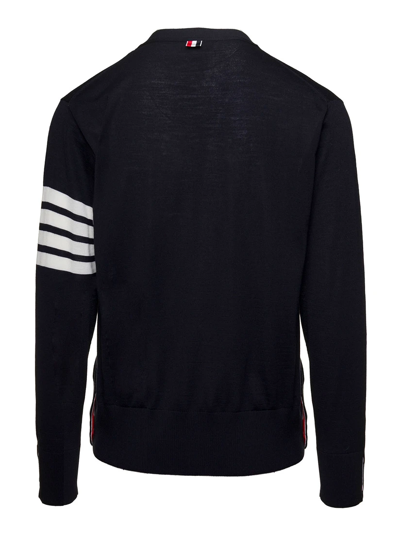 Blue V-Neck Cardigan with Stripe Detail in Wool Man