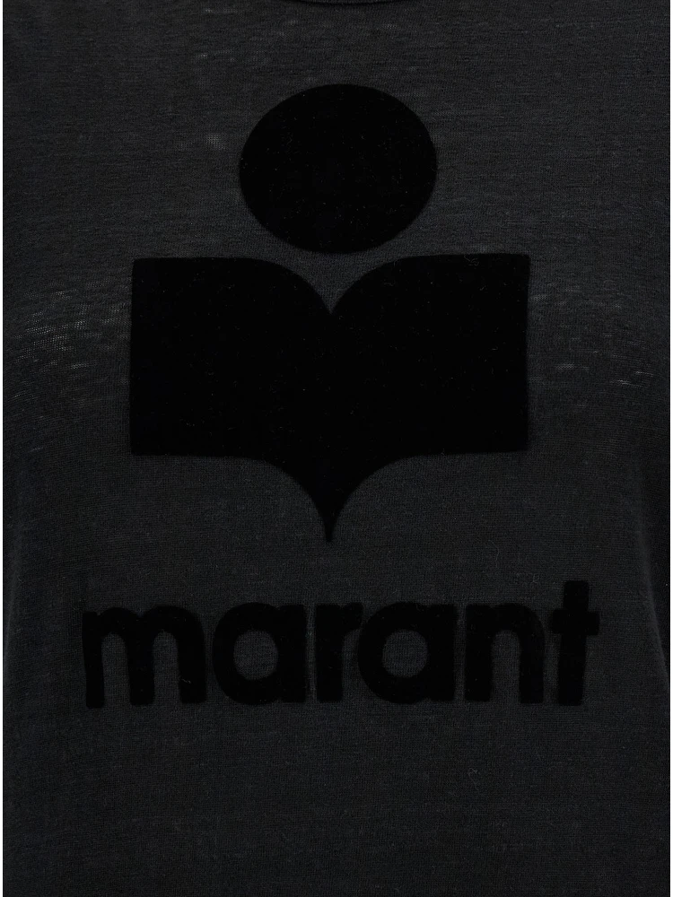 Black Crewneck T-Shirt with Tonal Logo Print in Linen Woman alternative