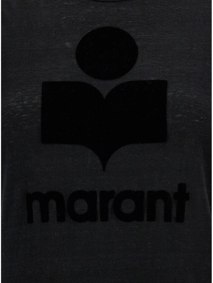 Black Crewneck T-Shirt with Tonal Logo Print in Linen Woman