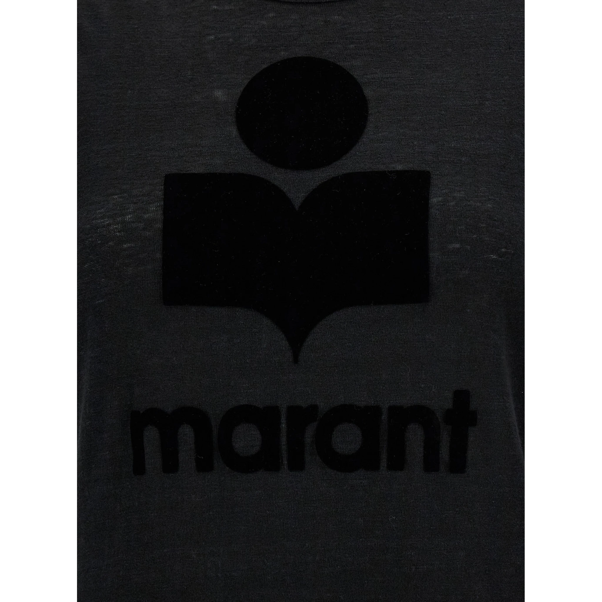 Black Crewneck T-Shirt with Tonal Logo Print in Linen Woman