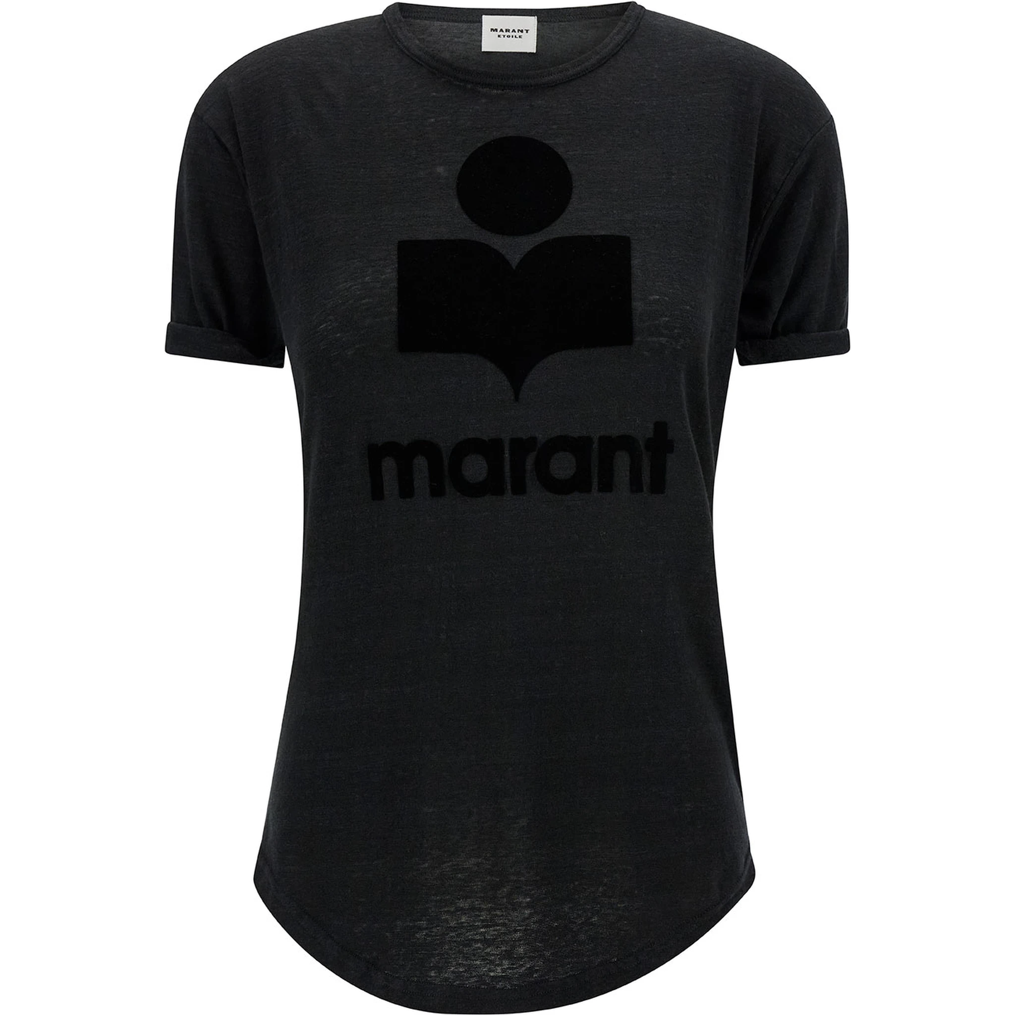 Black Crewneck T-Shirt with Tonal Logo Print in Linen Woman