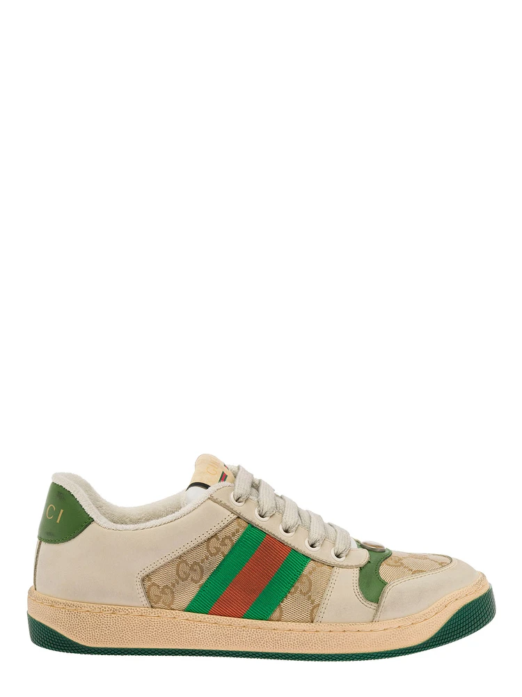 Gucci Womans Screener Original GG Fabric Butter-colored Leather Sneakers