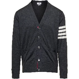 Grey V-Neck Cardigan with Stripe Detail in Wool Man