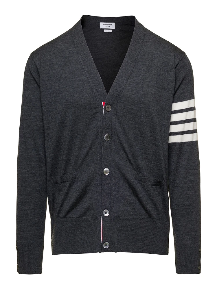 Grey V-Neck Cardigan with Stripe Detail in Wool Man