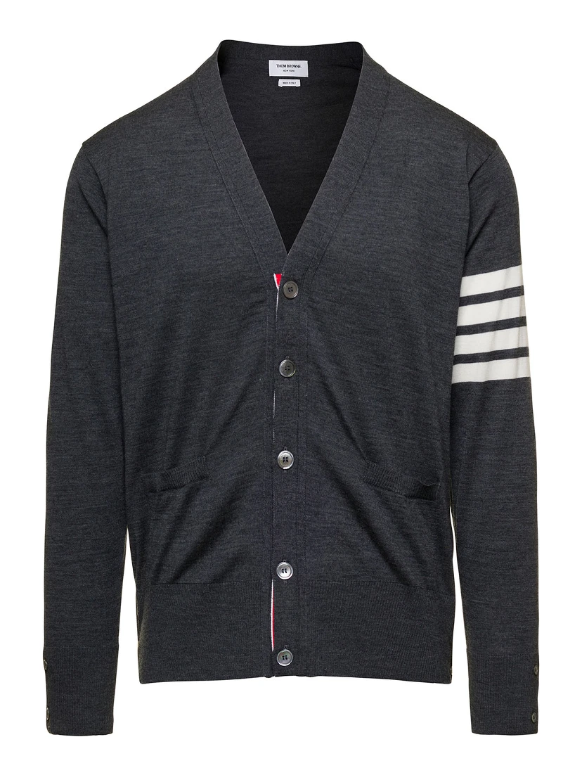 Grey V-Neck Cardigan with Stripe Detail in Wool Man
