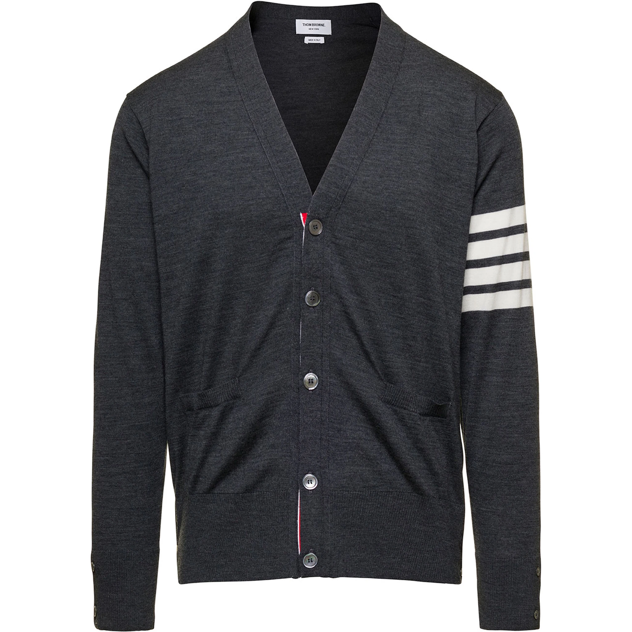 Grey V-Neck Cardigan with Stripe Detail in Wool Man