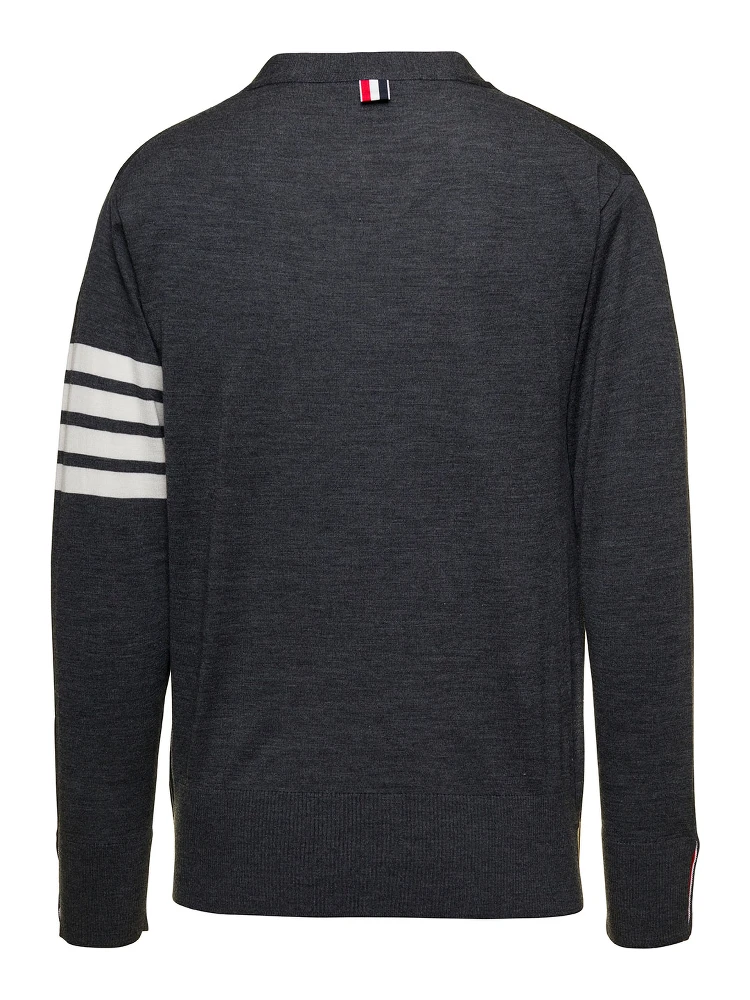 Grey V-Neck Cardigan with Stripe Detail in Wool Man alternative
