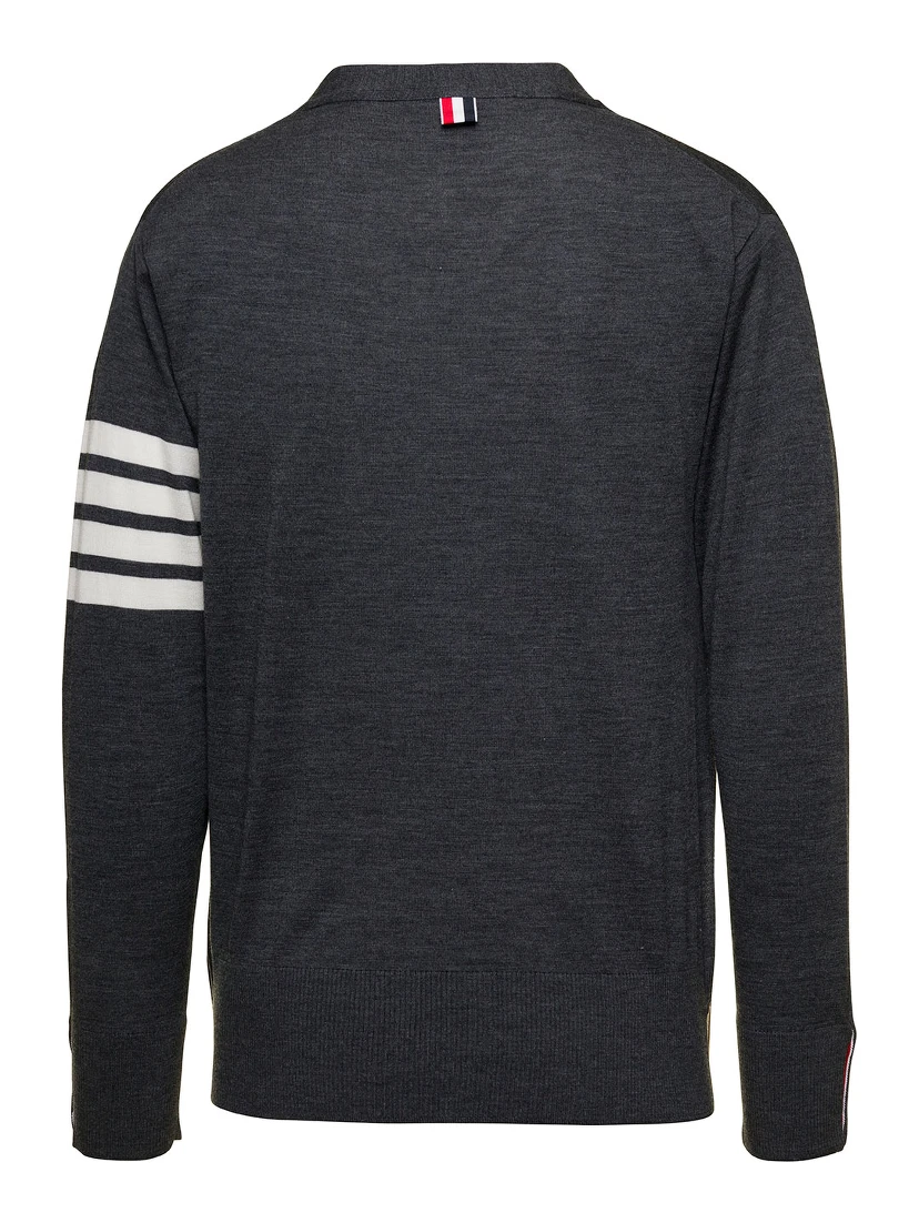 Grey V-Neck Cardigan with Stripe Detail in Wool Man