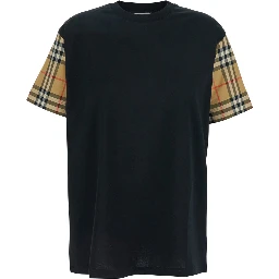 Black T-Shirt with Vintage Check Motif on the Sleeves in Cotton Woman