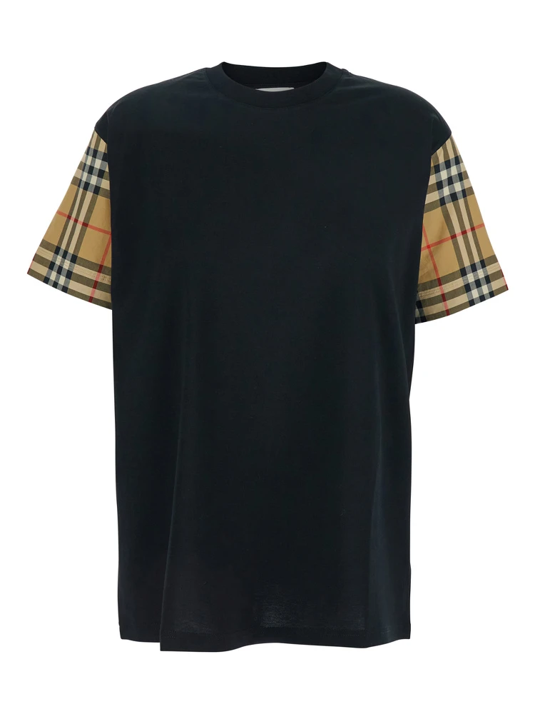 Black T-Shirt with Vintage Check Motif on the Sleeves in Cotton Woman