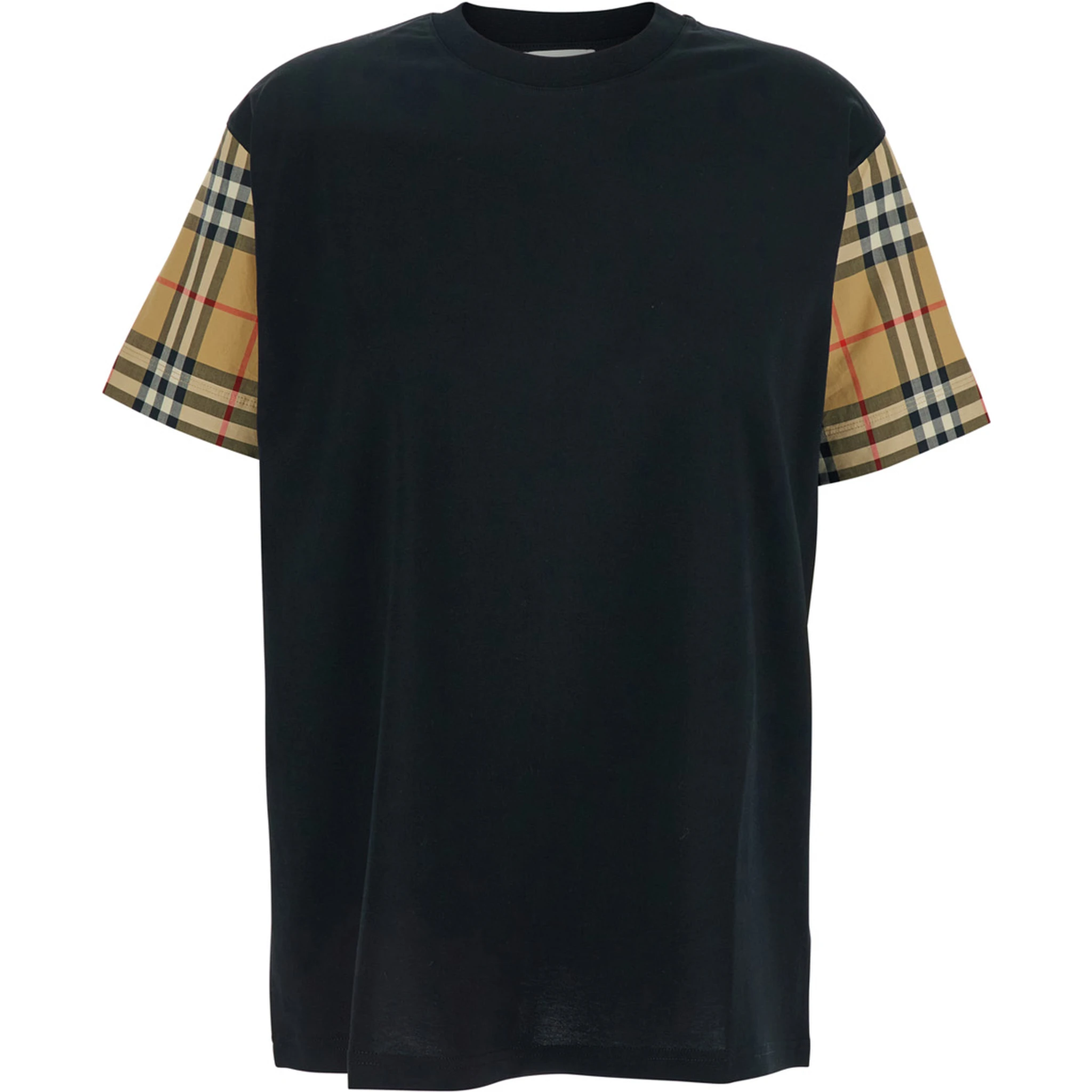 Black T-Shirt with Vintage Check Motif on the Sleeves in Cotton Woman