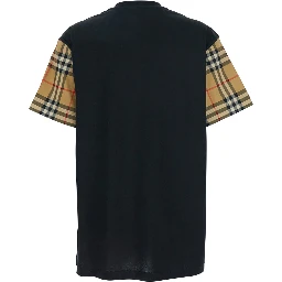 Black T-Shirt with Vintage Check Motif on the Sleeves in Cotton Woman