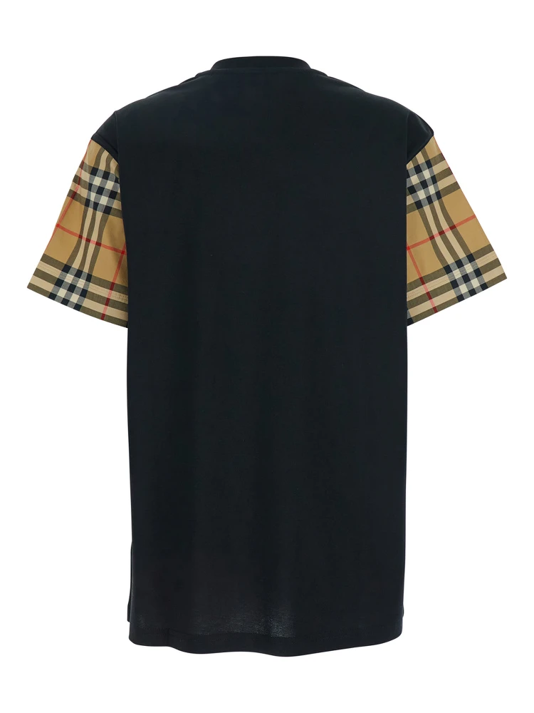 Black T-Shirt with Vintage Check Motif on the Sleeves in Cotton Woman alternative