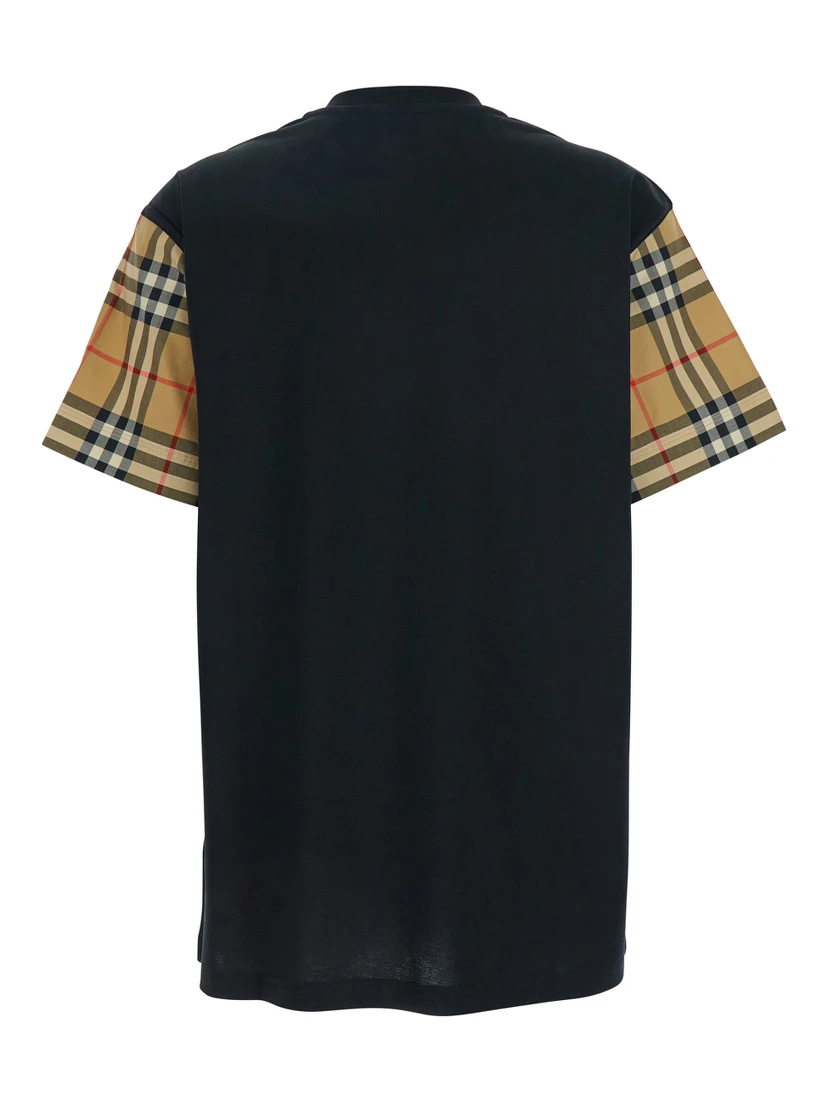 Black T-Shirt with Vintage Check Motif on the Sleeves in Cotton Woman