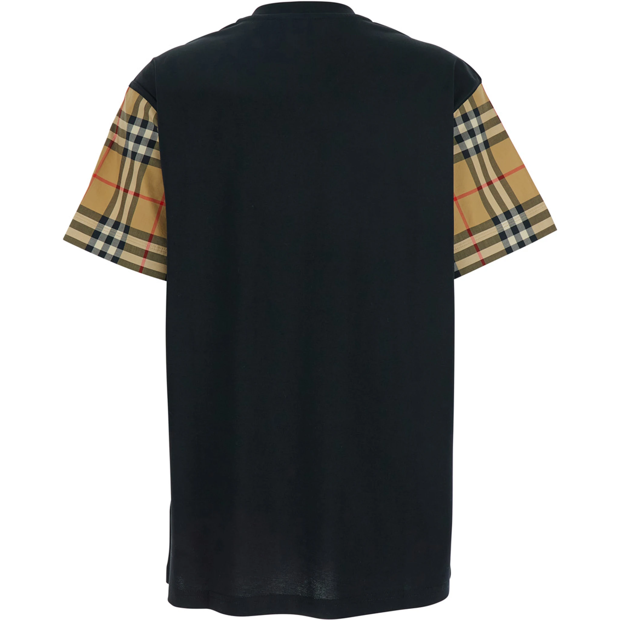 Black T-Shirt with Vintage Check Motif on the Sleeves in Cotton Woman