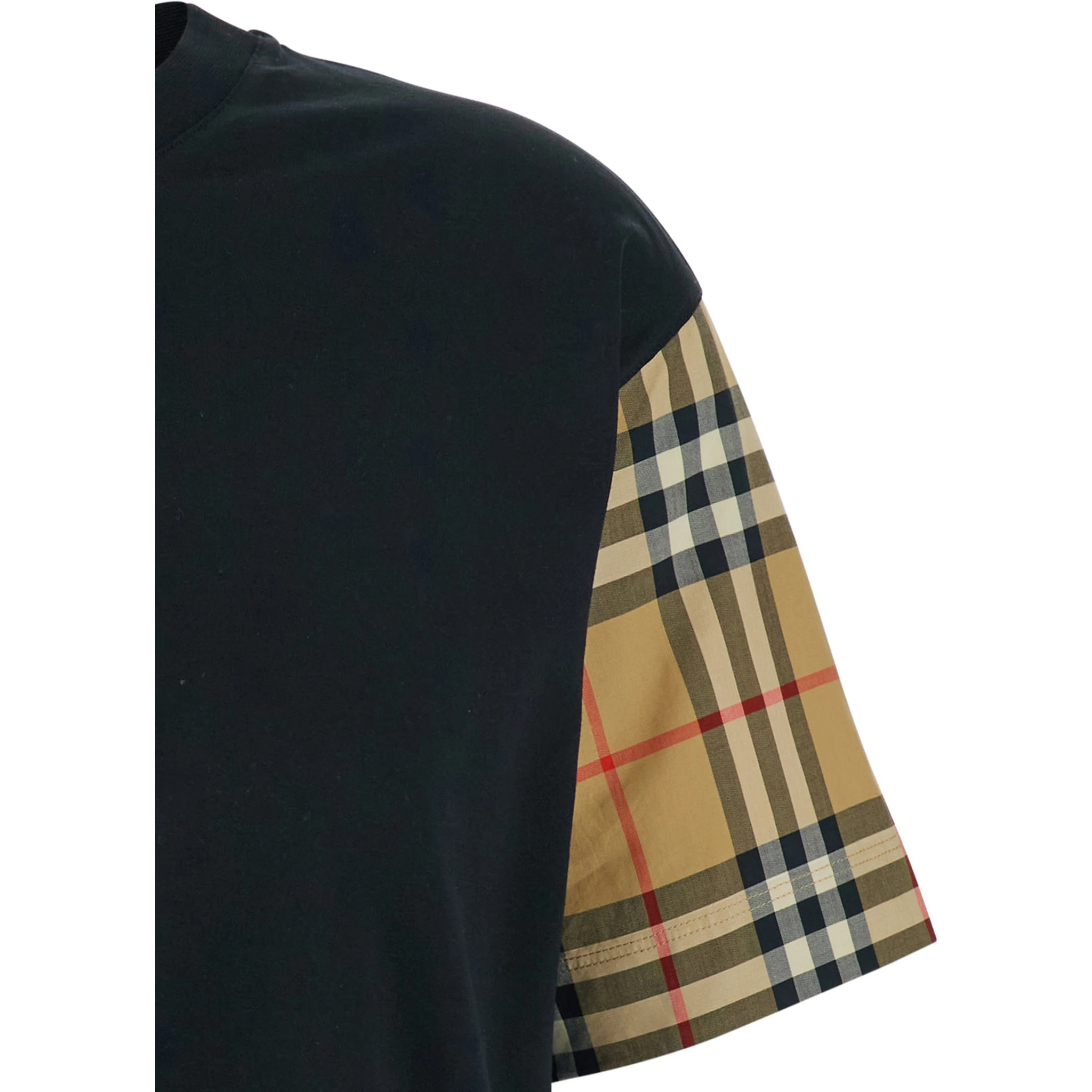 Black T-Shirt with Vintage Check Motif on the Sleeves in Cotton Woman