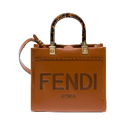 Sunshine Small Brown Tote Bag with Embossed Logo and Tortoiseshell Handles in Leather Woman