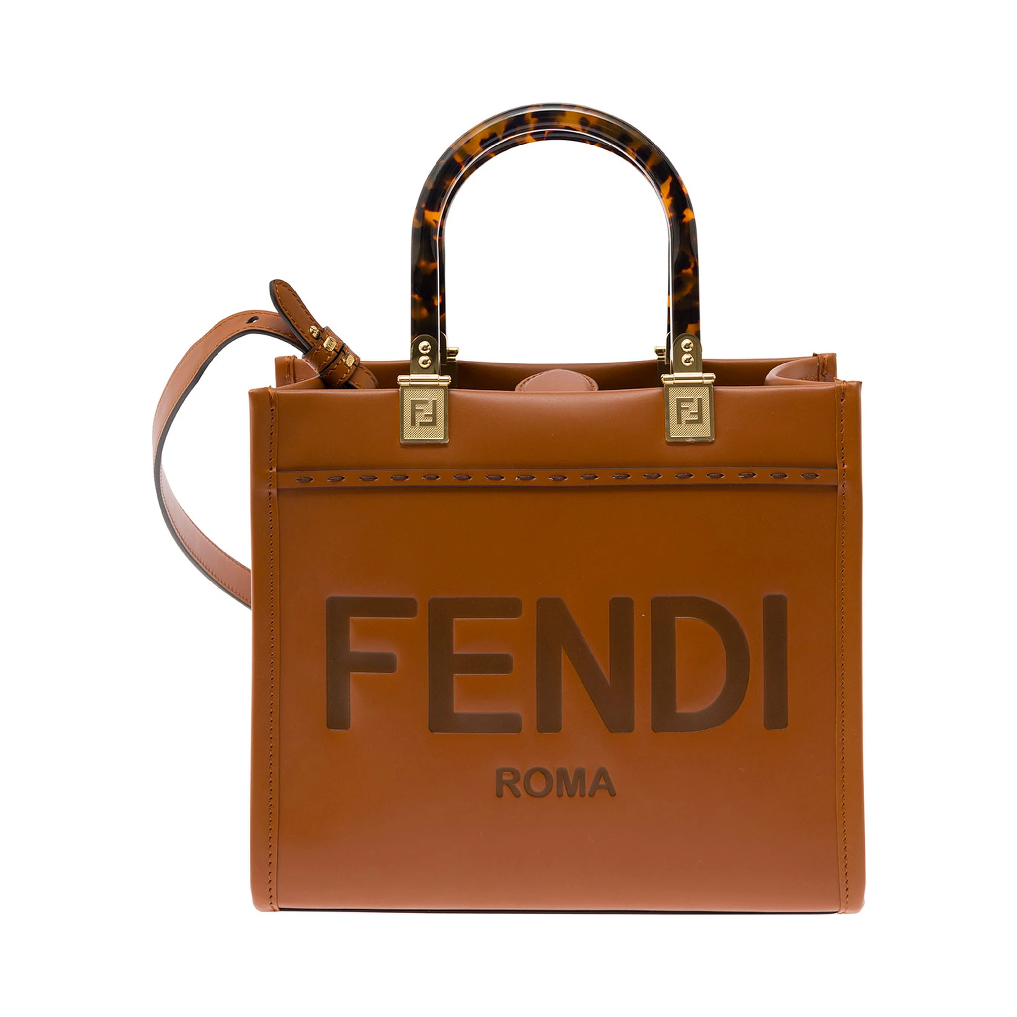 Sunshine Small Brown Tote Bag with Embossed Logo and Tortoiseshell Handles in Leather Woman
