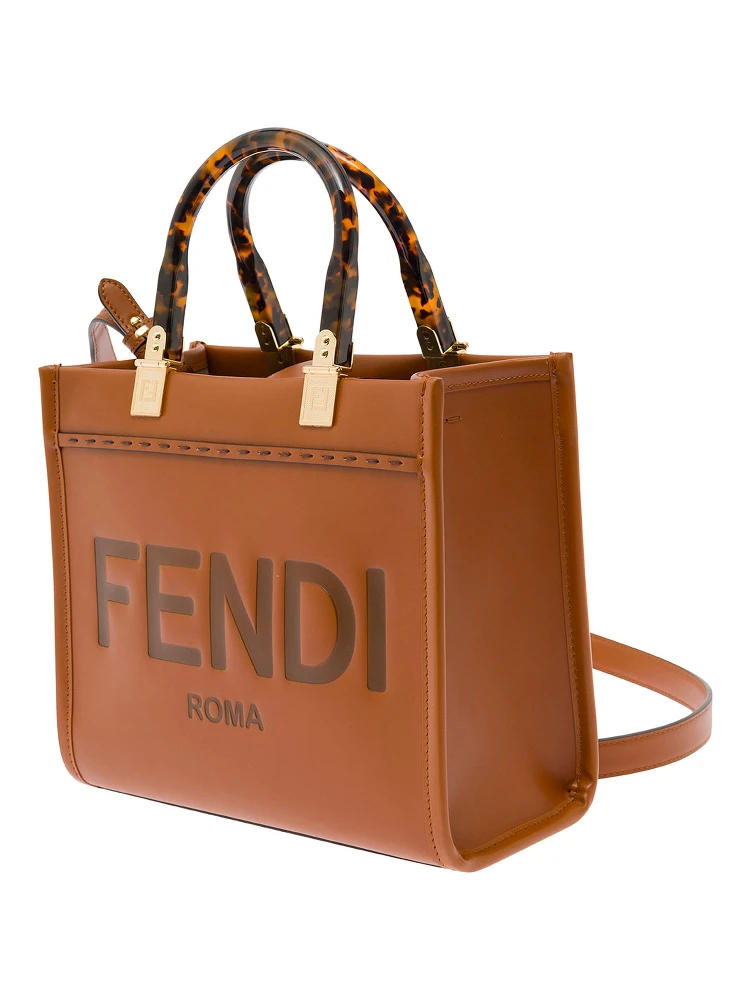 Sunshine Small Brown Tote Bag with Embossed Logo and Tortoiseshell Handles in Leather Woman alternative