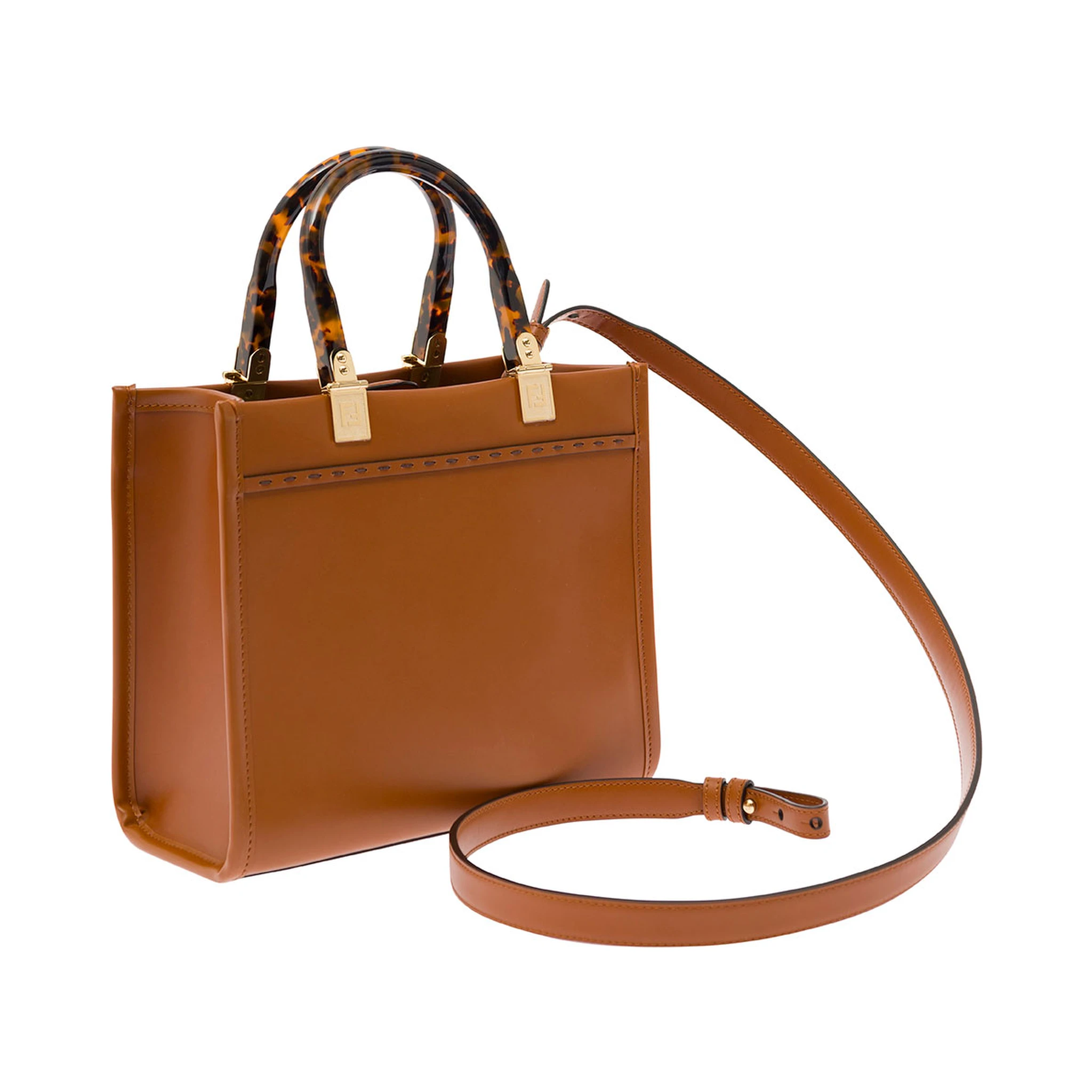 Sunshine Small Brown Tote Bag with Embossed Logo and Tortoiseshell Handles in Leather Woman