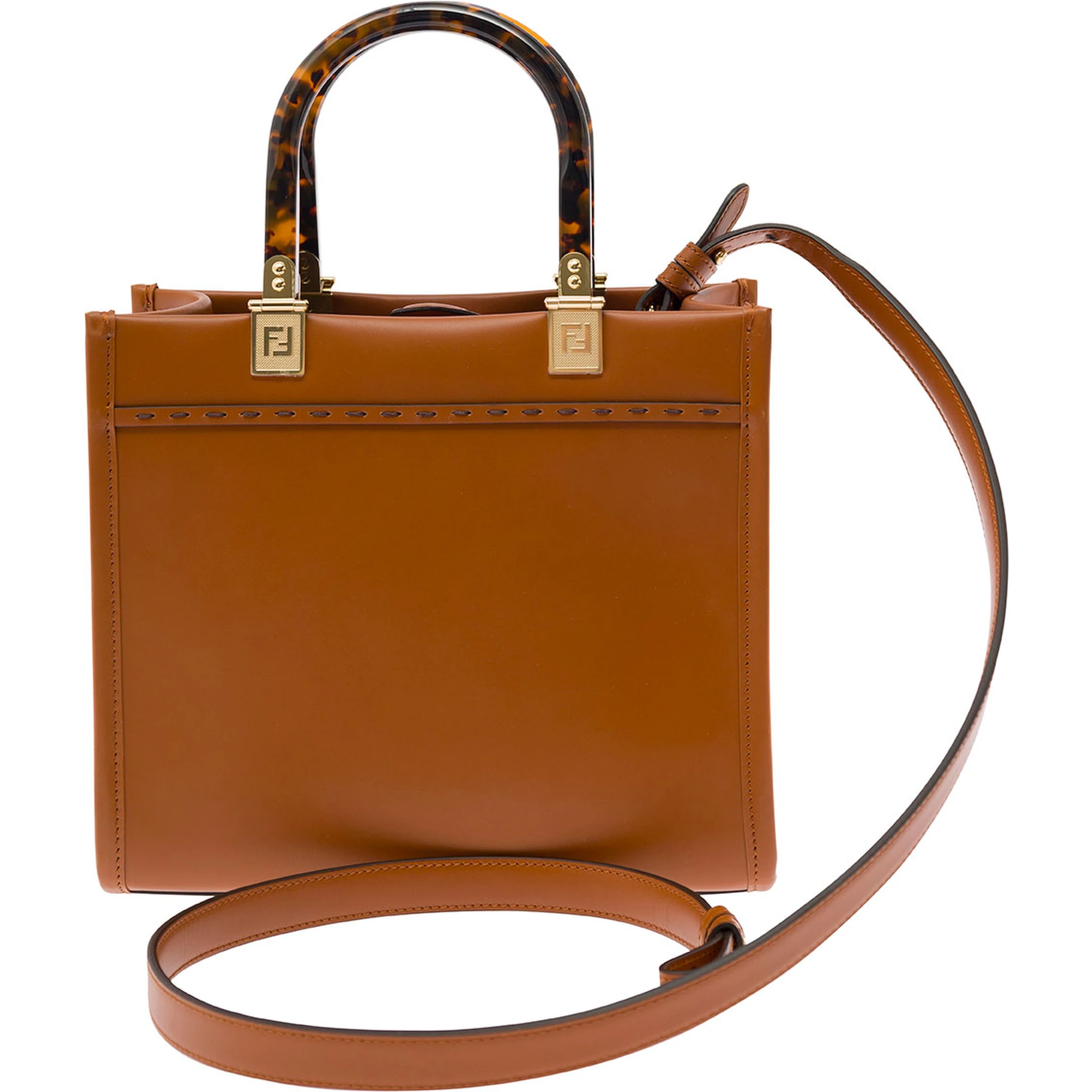 Sunshine Small Brown Tote Bag with Embossed Logo and Tortoiseshell Handles in Leather Woman