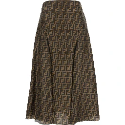 Brown Flared Midi Skirt with All-Over FF Motif in Silk Woman
