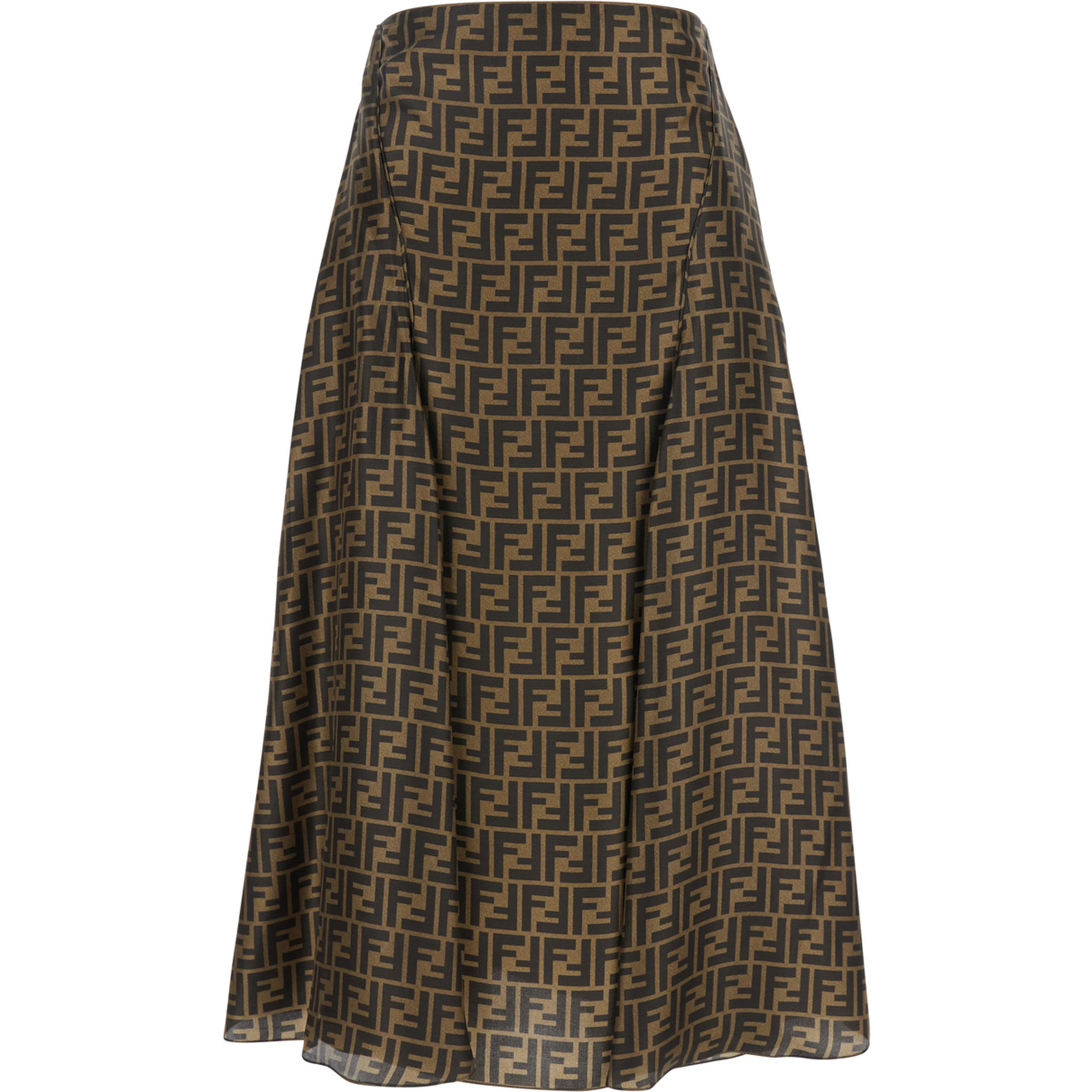 Brown Flared Midi Skirt with All-Over FF Motif in Silk Woman