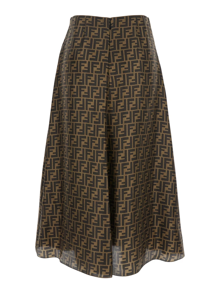 Brown Flared Midi Skirt with All-Over FF Motif in Silk Woman alternative