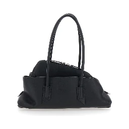 La Passeggiata Small Black Shoulder Bag with Tubular Handles and Impressed Logo on the Front in Leather Woman