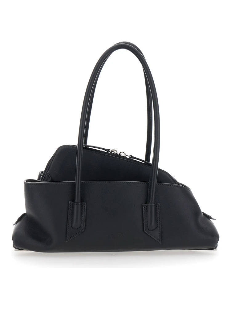 La Passeggiata Small Black Shoulder Bag with Tubular Handles and Impressed Logo on the Front in Leather Woman
