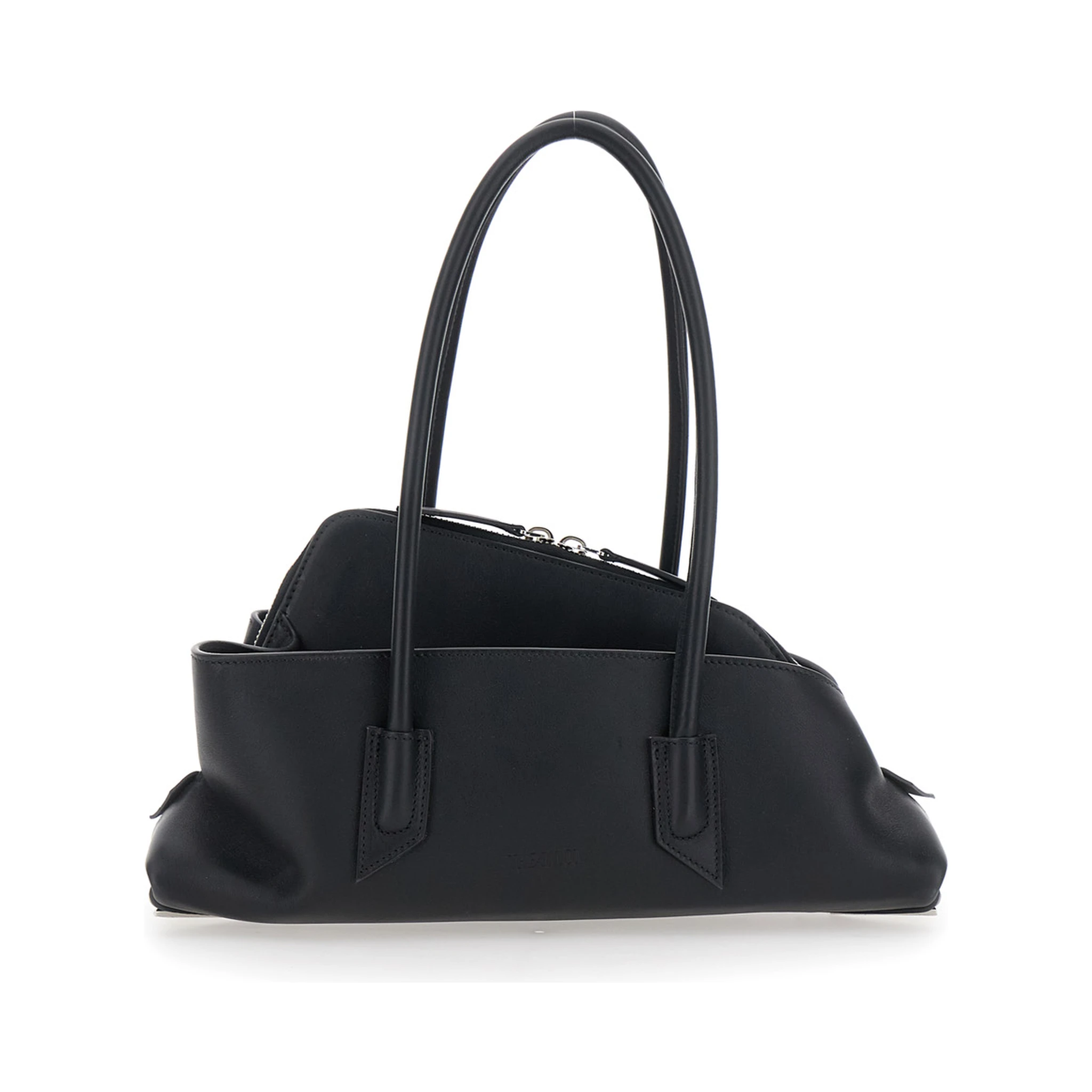 La Passeggiata Small Black Shoulder Bag with Tubular Handles and Impressed Logo on the Front in Leather Woman