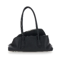 La Passeggiata Small Black Shoulder Bag with Tubular Handles and Impressed Logo on the Front in Leather Woman