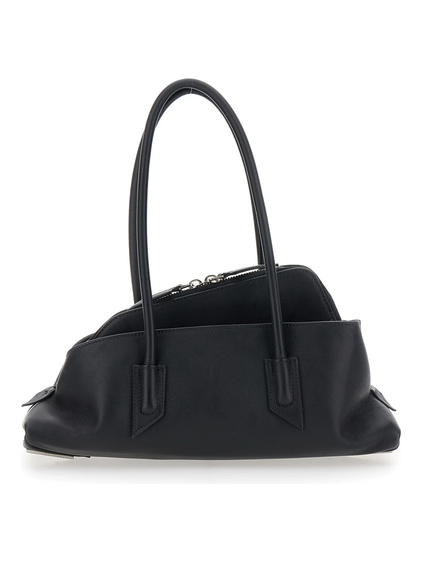 La Passeggiata Small Black Shoulder Bag with Tubular Handles and Impressed Logo on the Front in Leather Woman