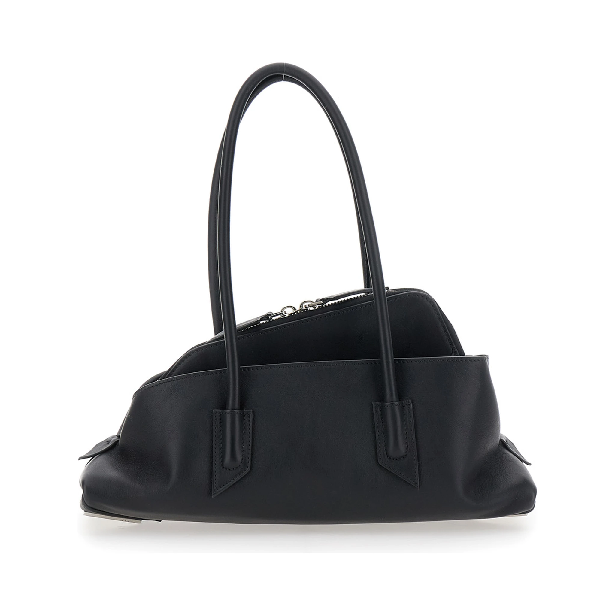 La Passeggiata Small Black Shoulder Bag with Tubular Handles and Impressed Logo on the Front in Leather Woman