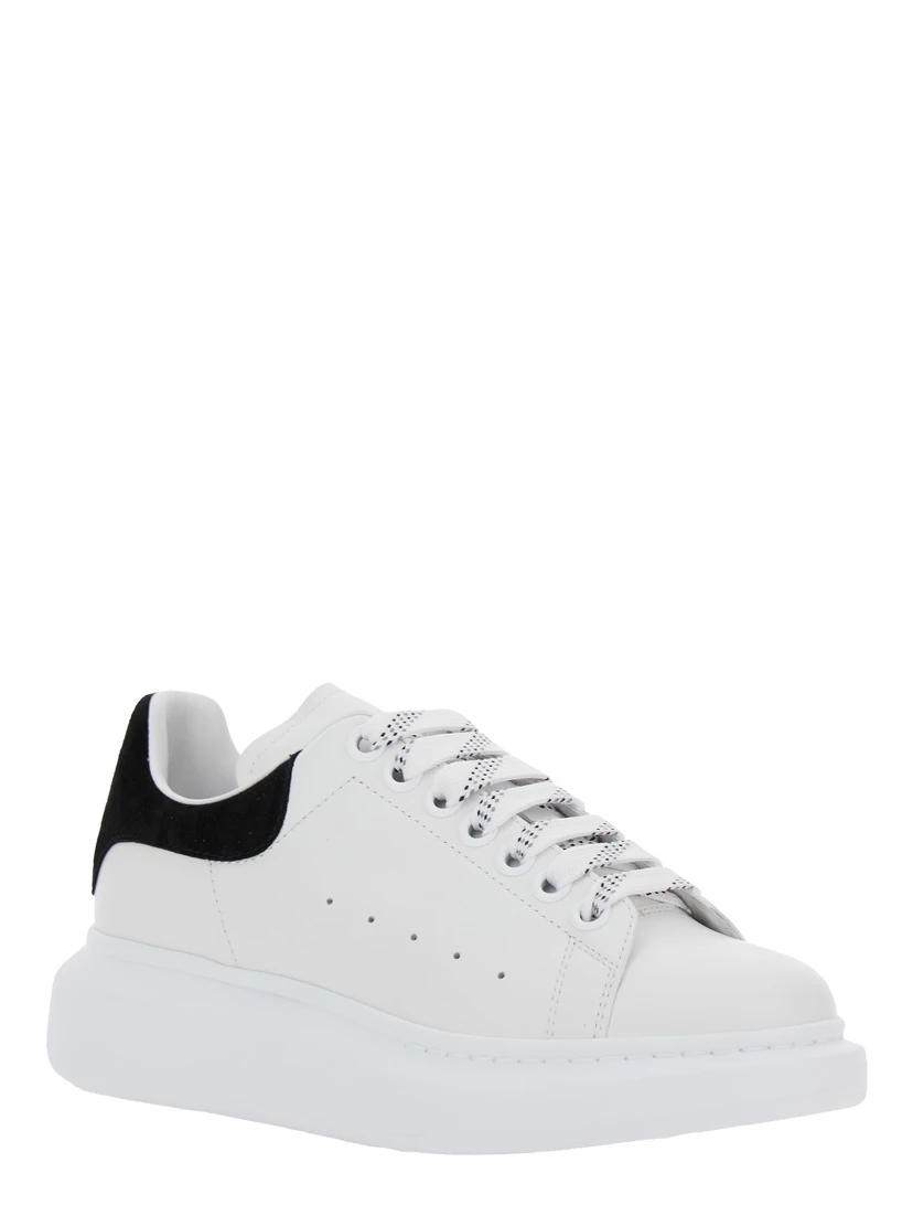 Black and White Low Top Sneakers with Logo Lettering on the Tongue and Contrasting Heel with Logo Lettering in Leather Woman