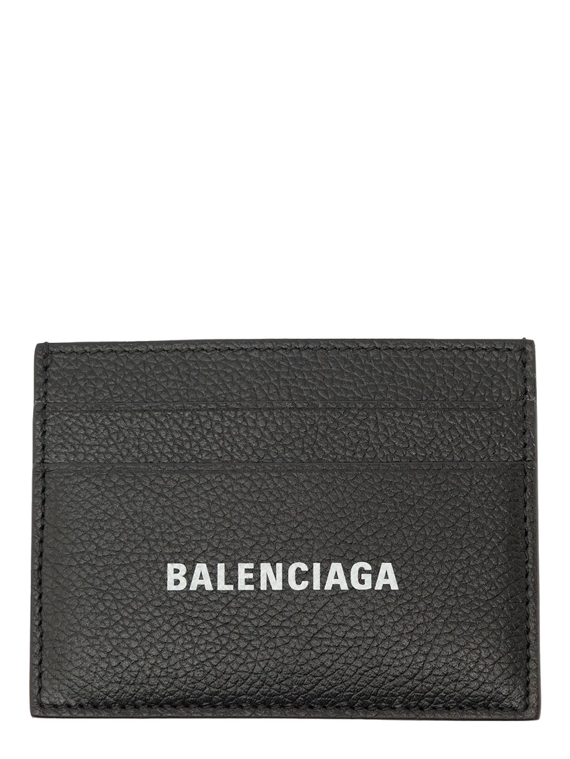 Black Card Holder with Logo Lettering on the Front in Grained Leather Man