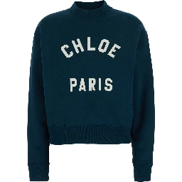 Blue Crewneck Sweatshirt with Logo Lettering Print in Cotton Woman