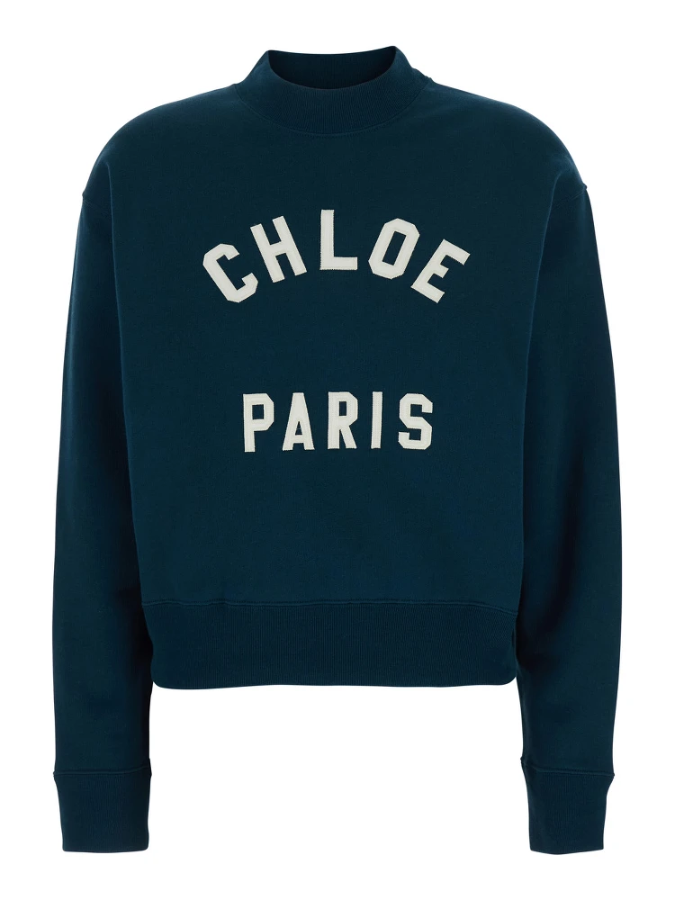 Blue Crewneck Sweatshirt with Logo Lettering Print in Cotton Woman