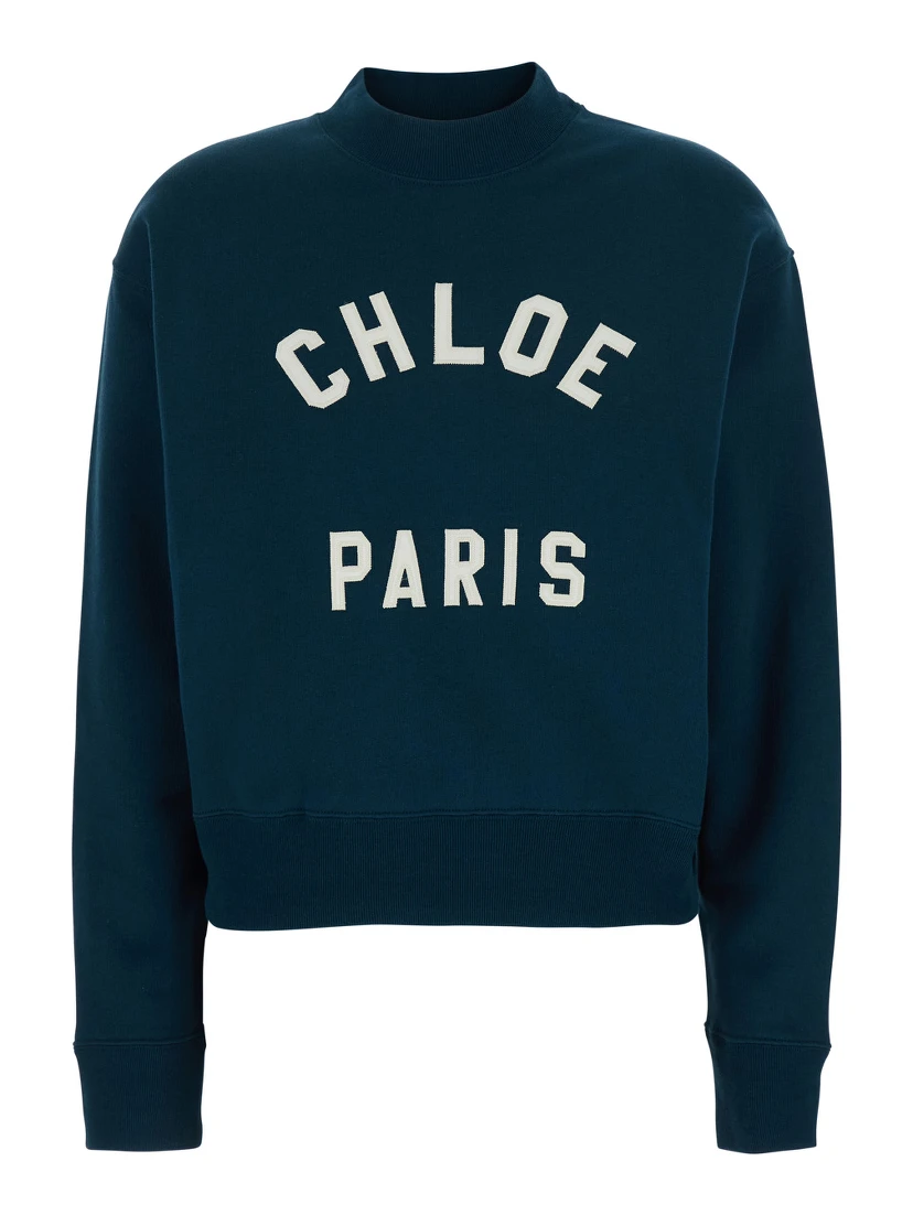 Blue Crewneck Sweatshirt with Logo Lettering Print in Cotton Woman